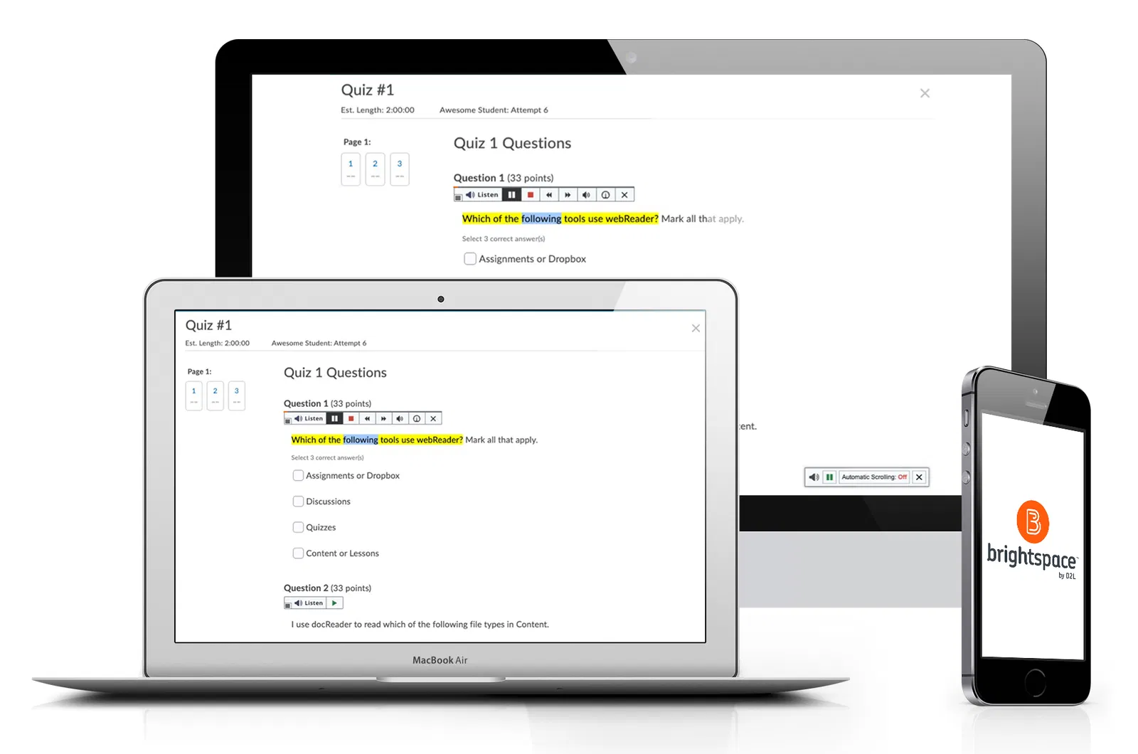 ReadSpeaker interface displayed on Brightspace platform, highlighting learning modules and resources.